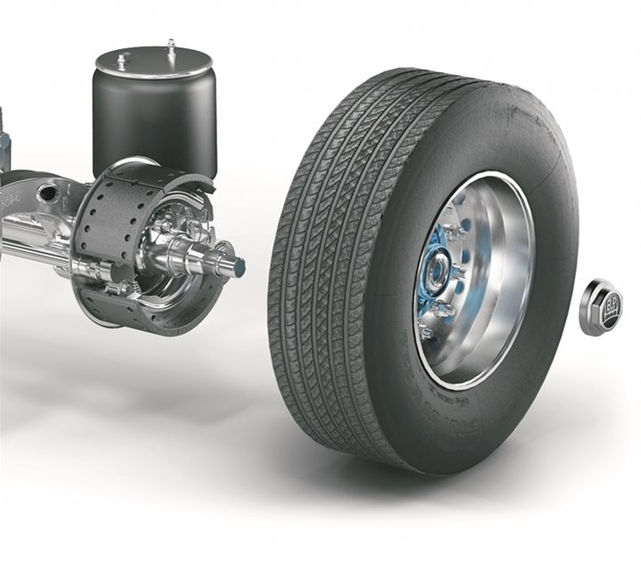 A BPW trailer axle, wheel and trailer suspension split into individual vehicle components 