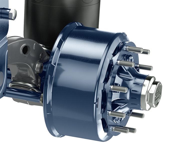 BPW blue eco drum brake from a side angle 