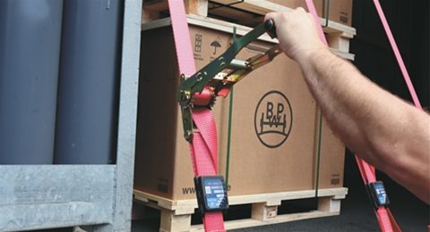 A cardboard box on a wooden pallet being secured in a trailer with cargo securing straps 