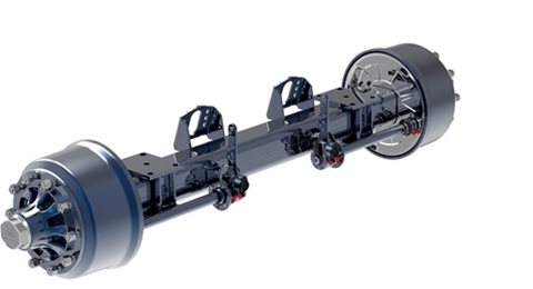 Blue BPW trailer axle in front of a white background 