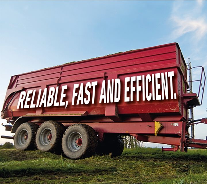A red tractor trailer with the words reliable fast and efficient on the side 